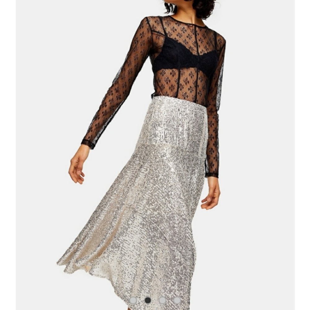 Topshop Sequin Midi Skirt size 8 Silver Champagne